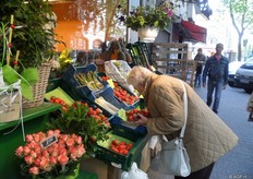 een mevrouw vult haar aardbeienbakje bij
