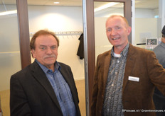 Frank Cuppen VTI Horst en René van der Stam van Hortimax. René heette iedereen bij de ingang van harte welkom.