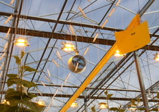 Ventilator in de oudste van de twee kassen. In de nieuwste kas hangen Airmix-systemen.