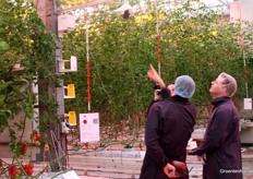 In groepen ging het gezelschap de kas in, die vol nieuwe snufjes hangt. Peter Valstar laat zich hier het systeem van PATS uitleggen, waarbij een drone plaaginsecten bestrijdt. 