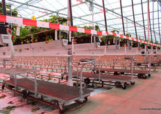 De oogstwagens staan alweer klaar voor het volgende rondje aardbeien oogsten.