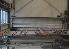 Onderweg naar de kas verraadt de paarse gloed de vertical farming opkweekcel nog net.