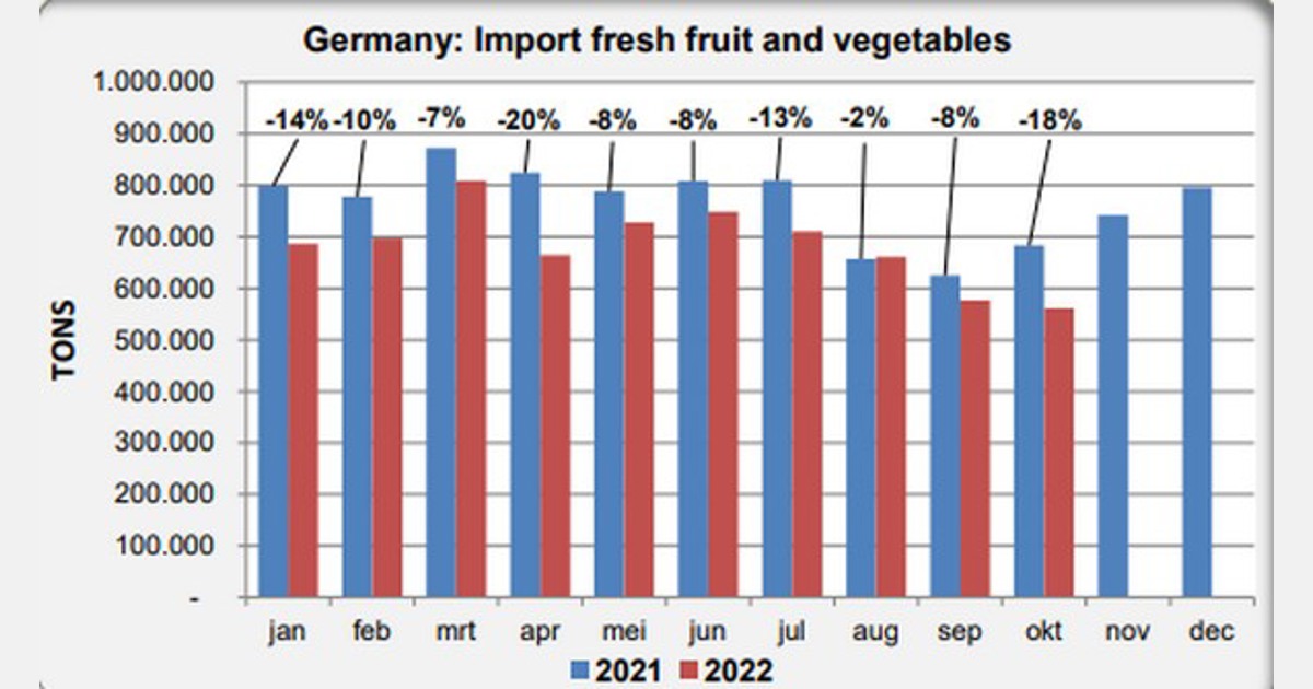 Die deutschen Importe von frischem Obst und Gemüse werden 2022 um mehr als 10 % sinken