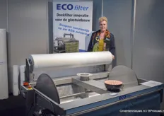 Herma de Haan van Ecofilter. Het bedrijf introduceerde dit jaar een nieuwe generatie doekfilters: https://www.groentennieuws.nl/article/9070721/ecofilter-introduceert-nieuwe-generatie-doekfilters-ecofilter-gen2/
